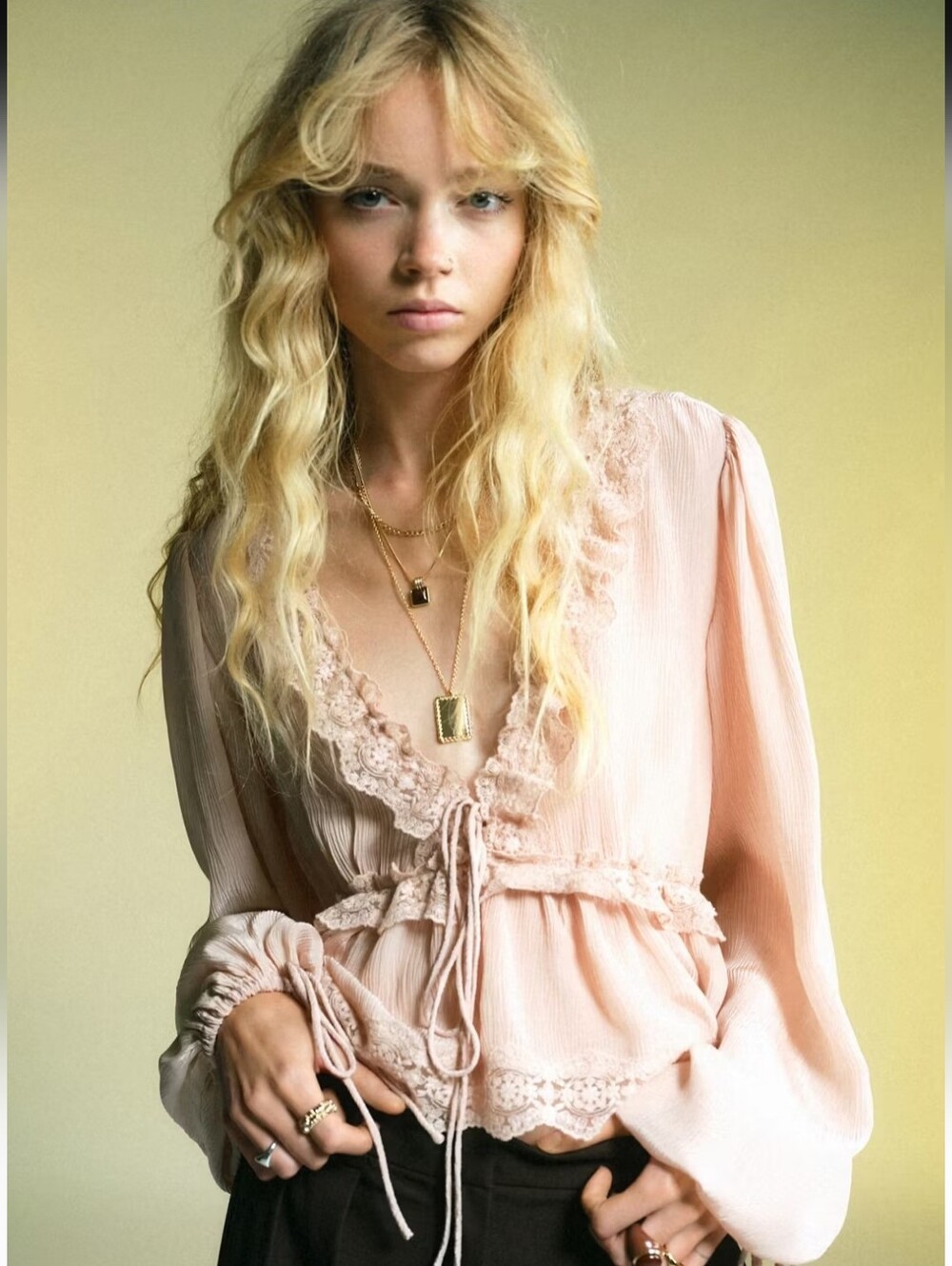 MANGO Blush Peach Whimsigoth Bohemian Lace Peasant Gypsy Blouse NWT S SRP$100